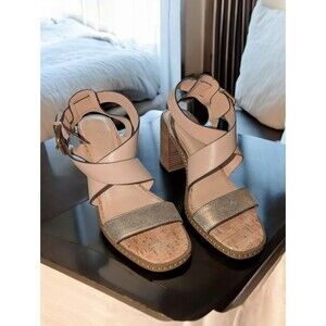 EUC COACH Mandy Sandals - Studded Beige & Gold Metallic Leather Heels - Sz 9.5